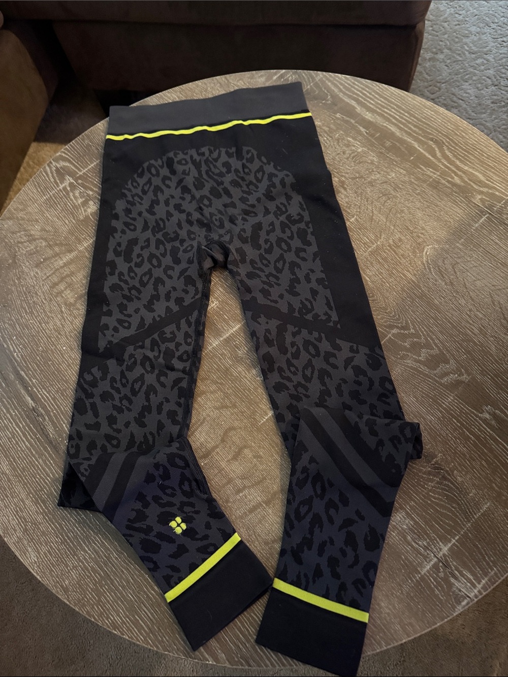 Sweaty Betty Black Leopard Print Leggings with Neon Yellow Trim